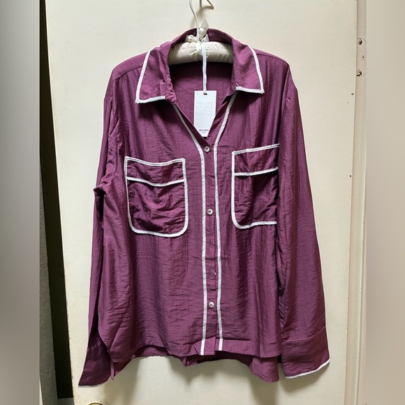 Grace Karin Tops - Grace Karin Women's Plum Button Down Shirt with White Trim
